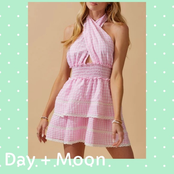 Day + Moon Dresses & Skirts - Day + Moon Pink Gingham Halter Mini Dress